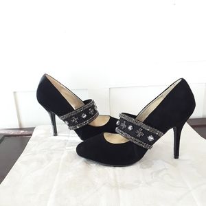 MARK Black Suede Heels Wide Rhinestone Stretch Band 4.5" Heel Pumps Shoes 10